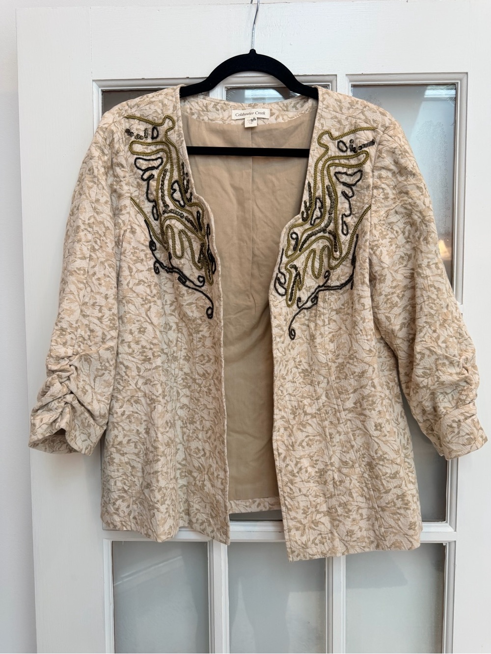 Coldwater Creek Tan Boho Beaded Sequin Embellished Open Blazer Jacket Size 10 M
